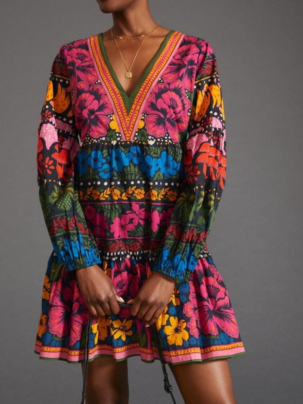 FARM Rio x Anthropologie V-Neck Puff Sleeve Tunic Mini Dress